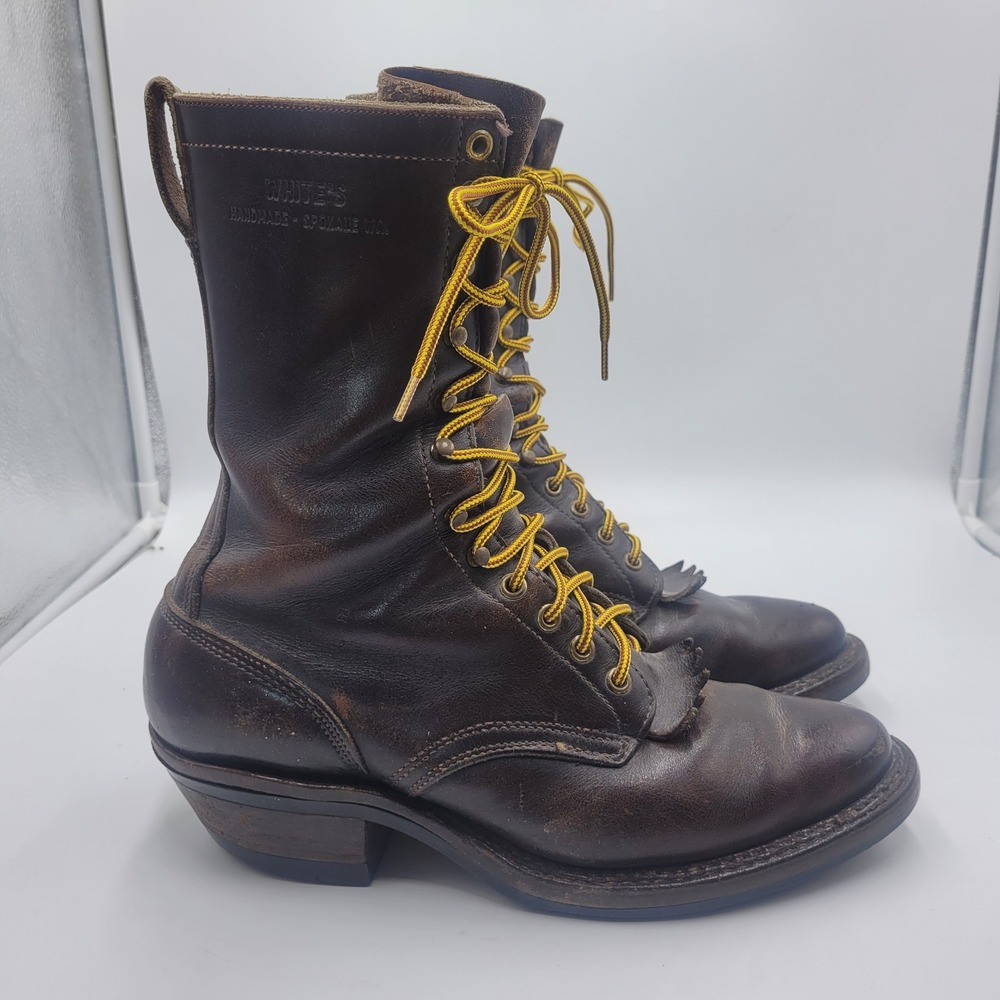 Whites Boots Men 8D Handmade Spokane Brown Leather Logger Packer Vibram Lug Sole